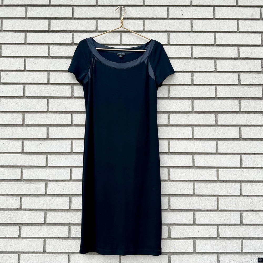 Lafayette 148 Black Silk Trim Jersey Midi Dress Short Sleeve Minimalist M